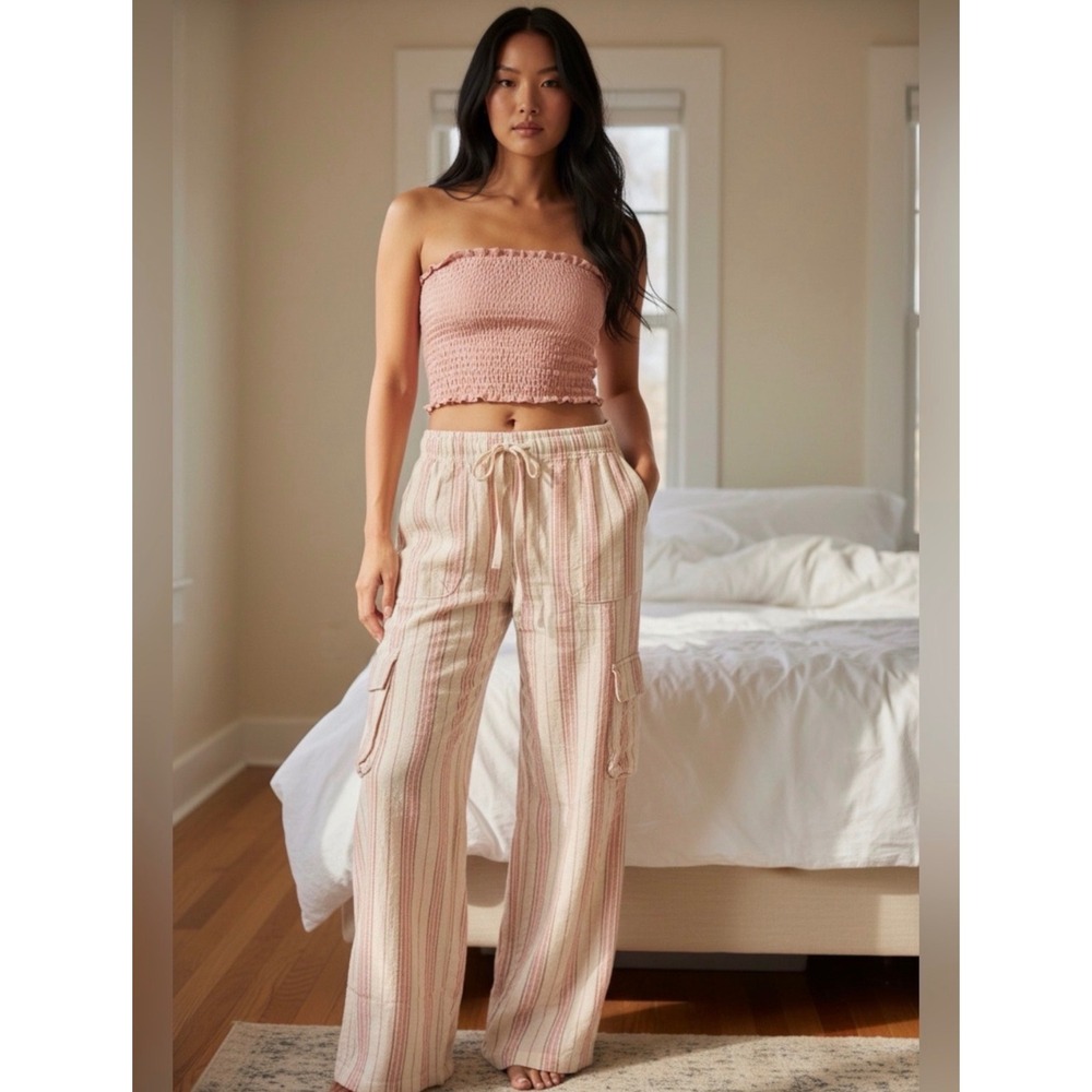 Roxy Pink Cream Striped Linen Blend Wide Leg Cargo Pants L